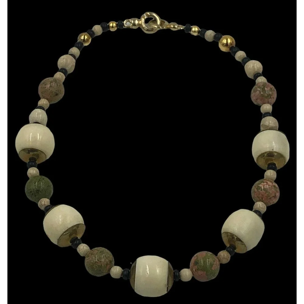 Unakite Jasper Agate Gold Collar Boho Gemstone Necklace Jewelry